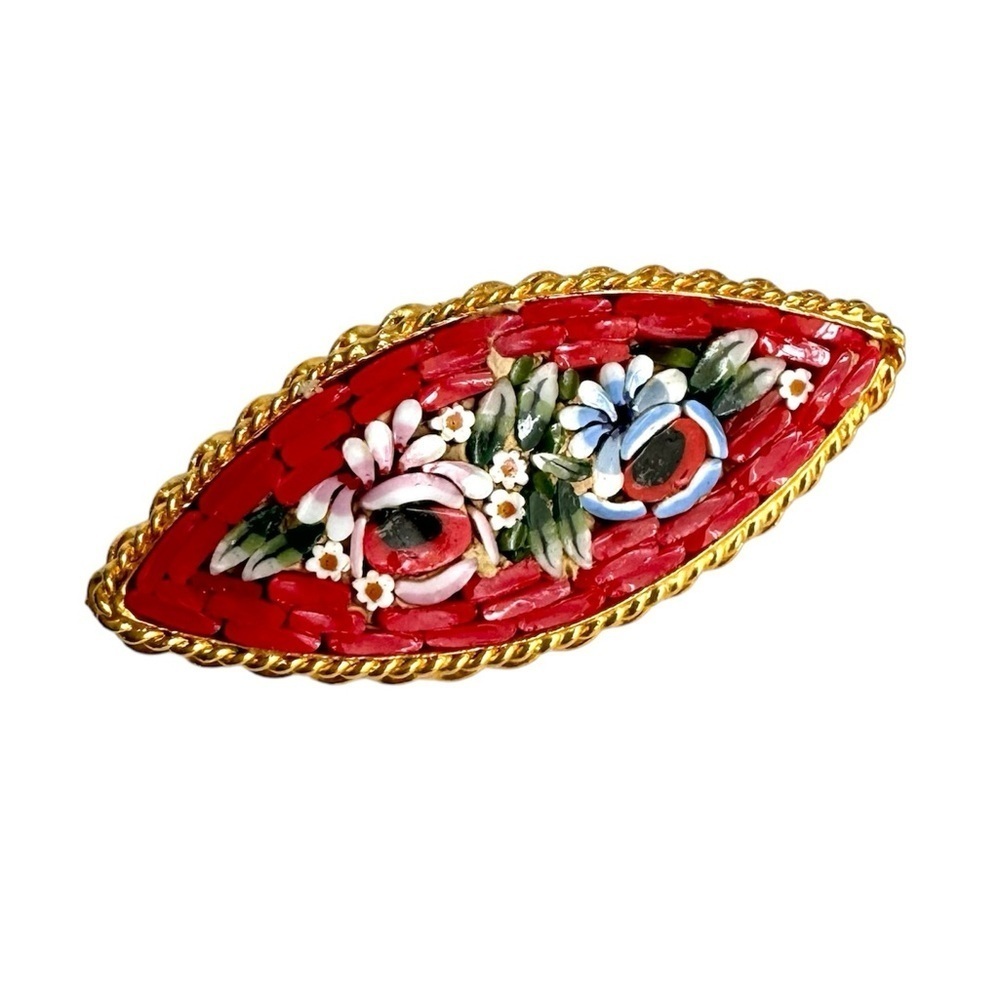 Vintage Micro Mosaic‎ Brooch Red Gold Floral Pin Signed Italy Italian Florentine